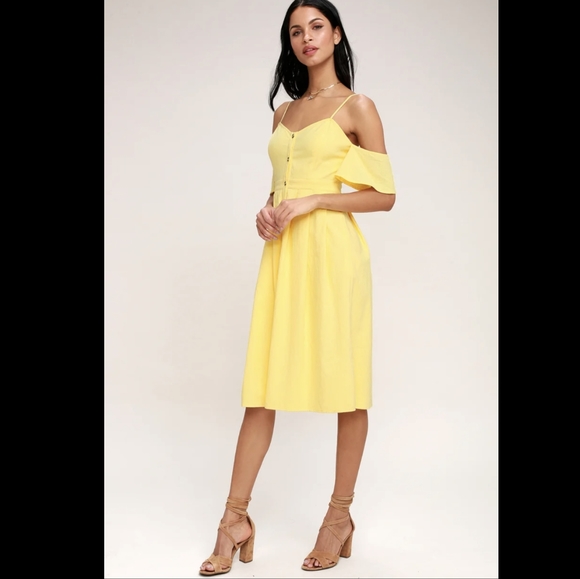 Lulu's I’ve Got Love Yellow Off The Shoulder Midi Dress Button Down Front - Picture 2 of 14